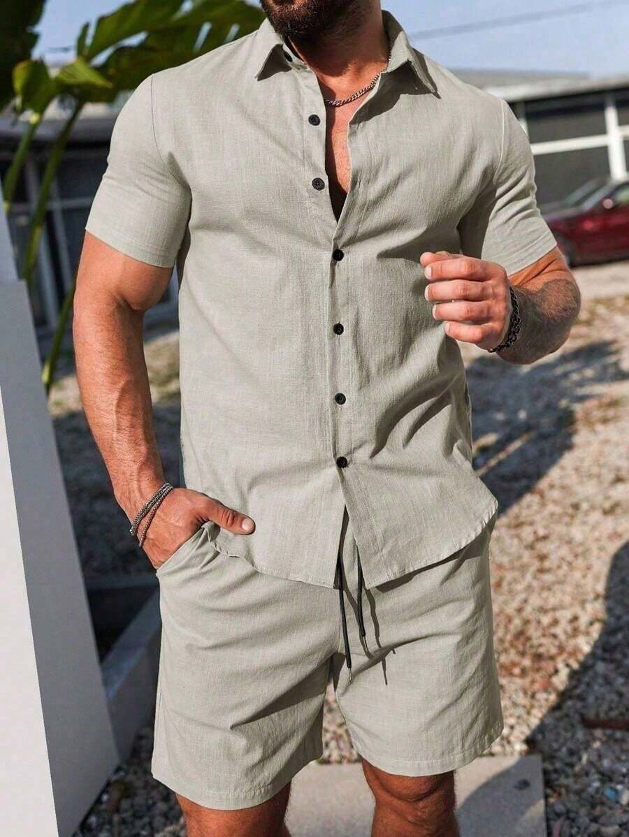 Conjunto Masculino Camisa de Manga Curta e Shorts em Linho New York