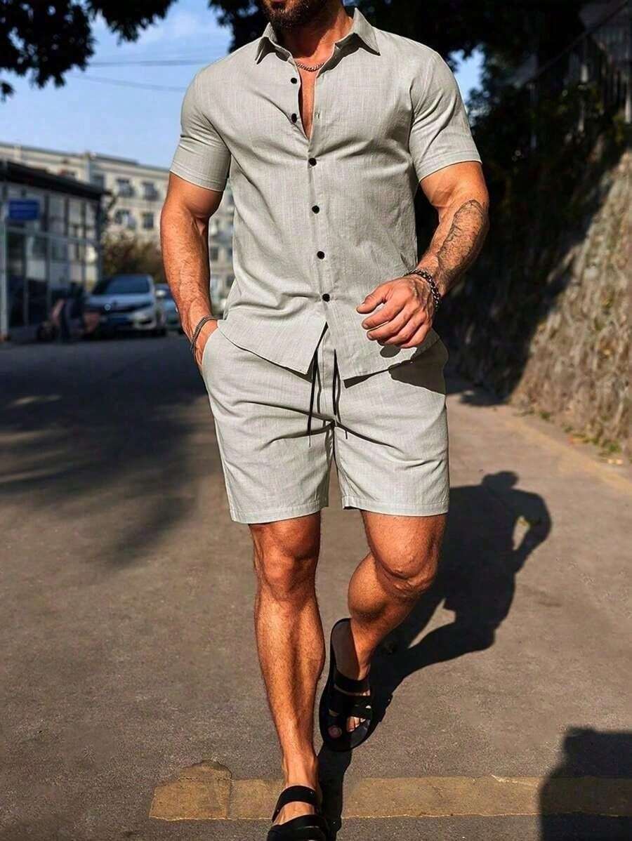 Conjunto Masculino Camisa de Manga Curta e Shorts em Linho New York