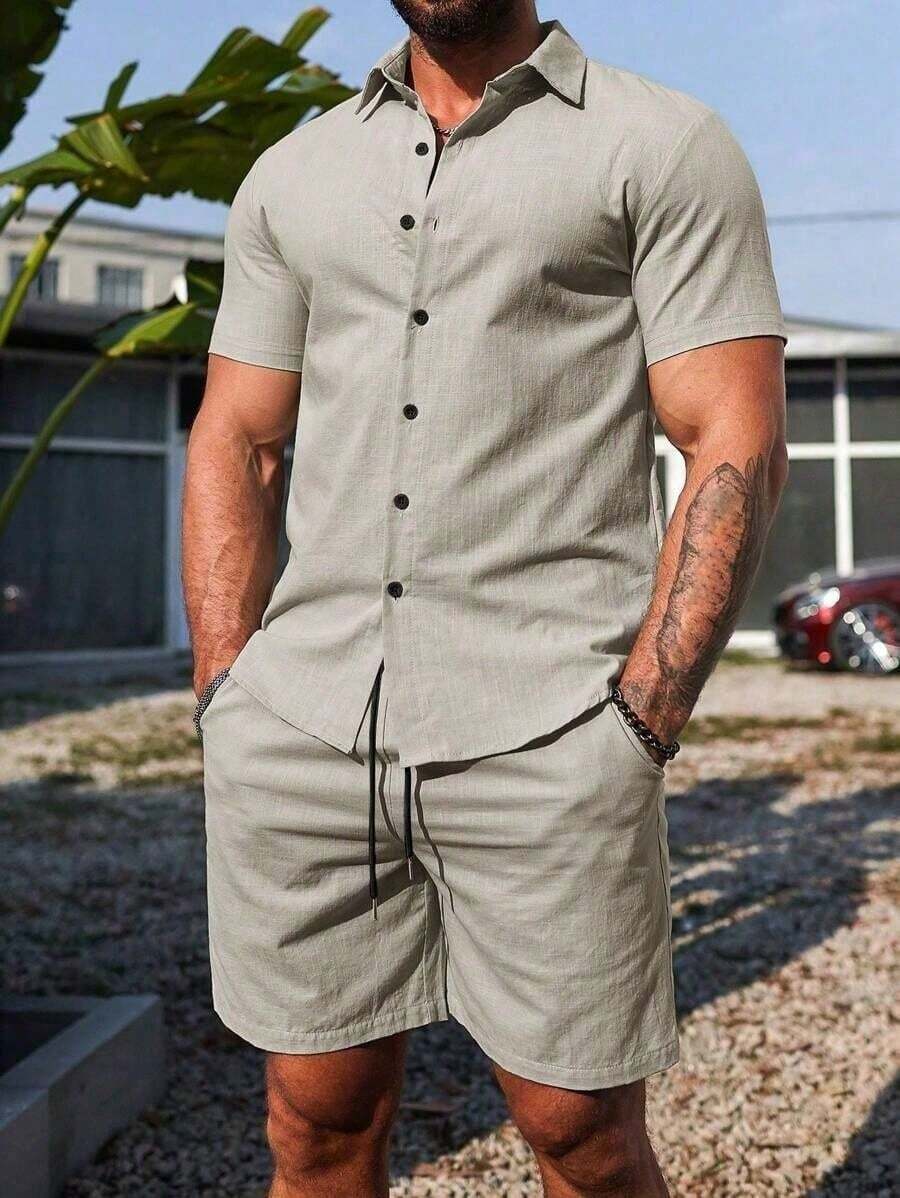 Conjunto Masculino Camisa de Manga Curta e Shorts em Linho New York