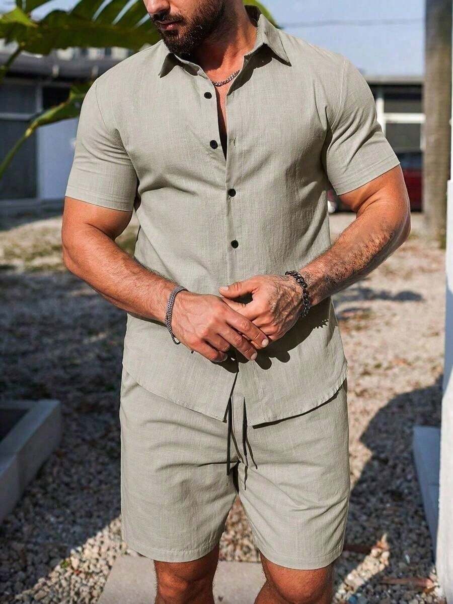 Conjunto Masculino Camisa de Manga Curta e Shorts em Linho New York