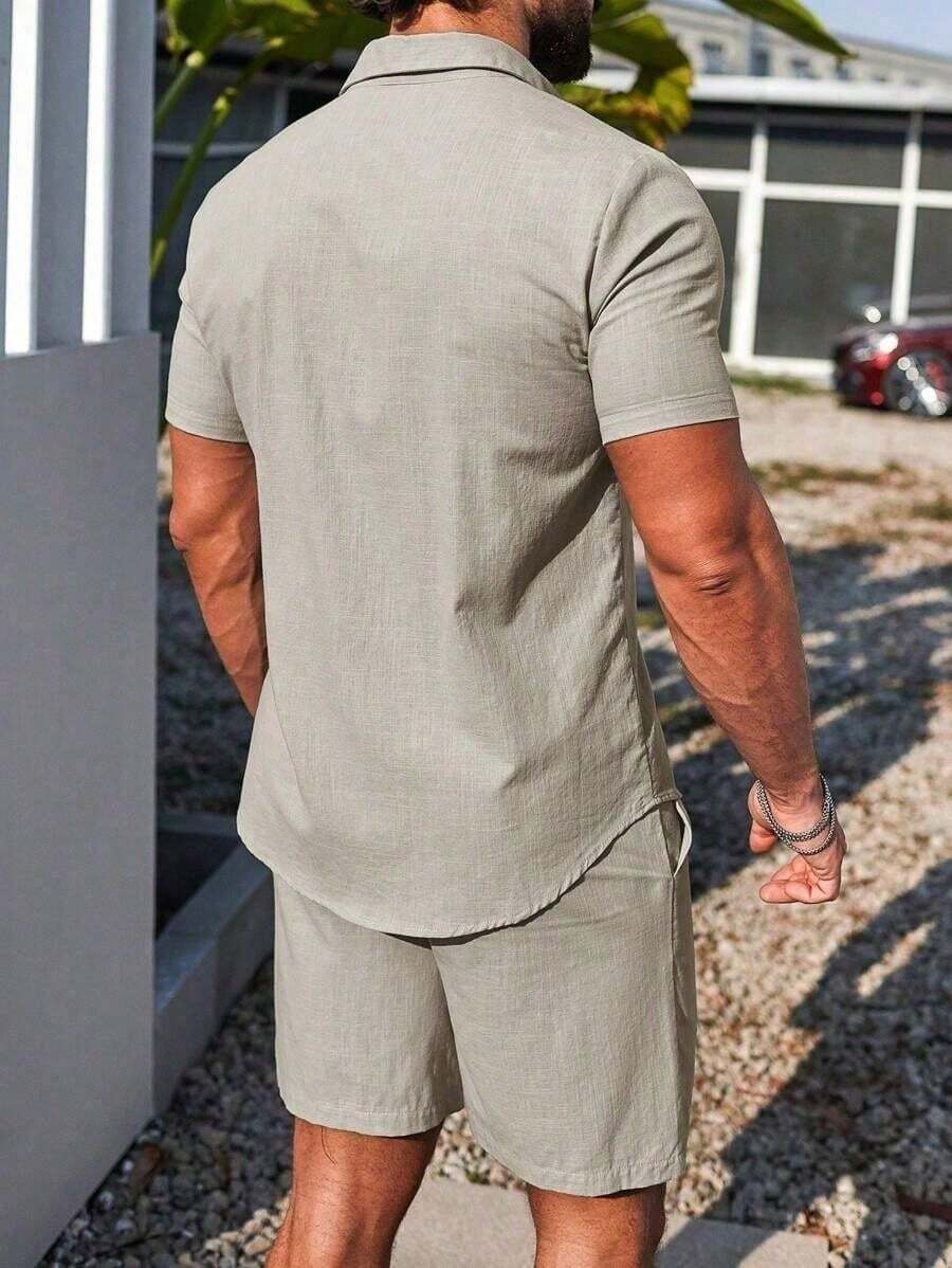 Conjunto Masculino Camisa de Manga Curta e Shorts em Linho New York