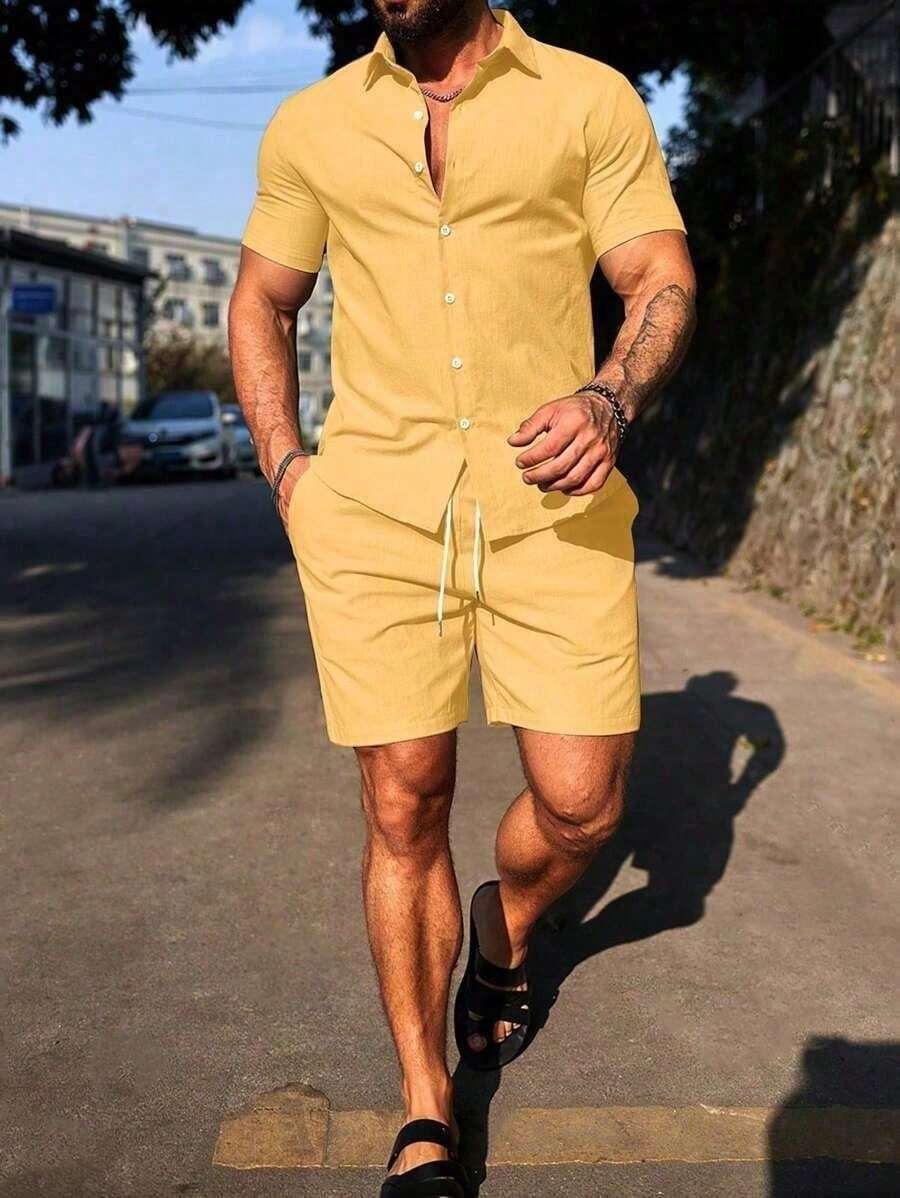 Conjunto Masculino Camisa de Manga Curta e Shorts em Linho New York