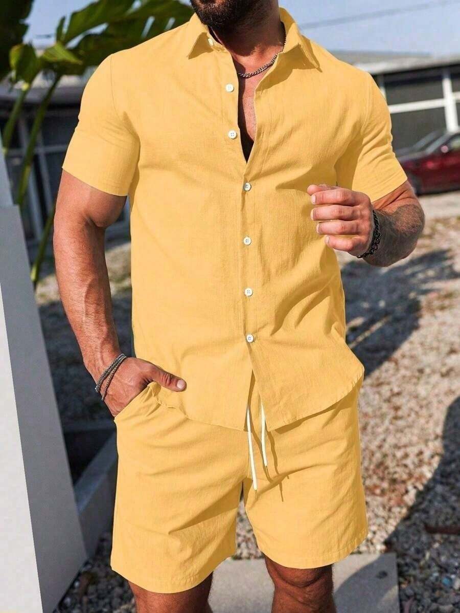 Conjunto Masculino Camisa de Manga Curta e Shorts em Linho New York