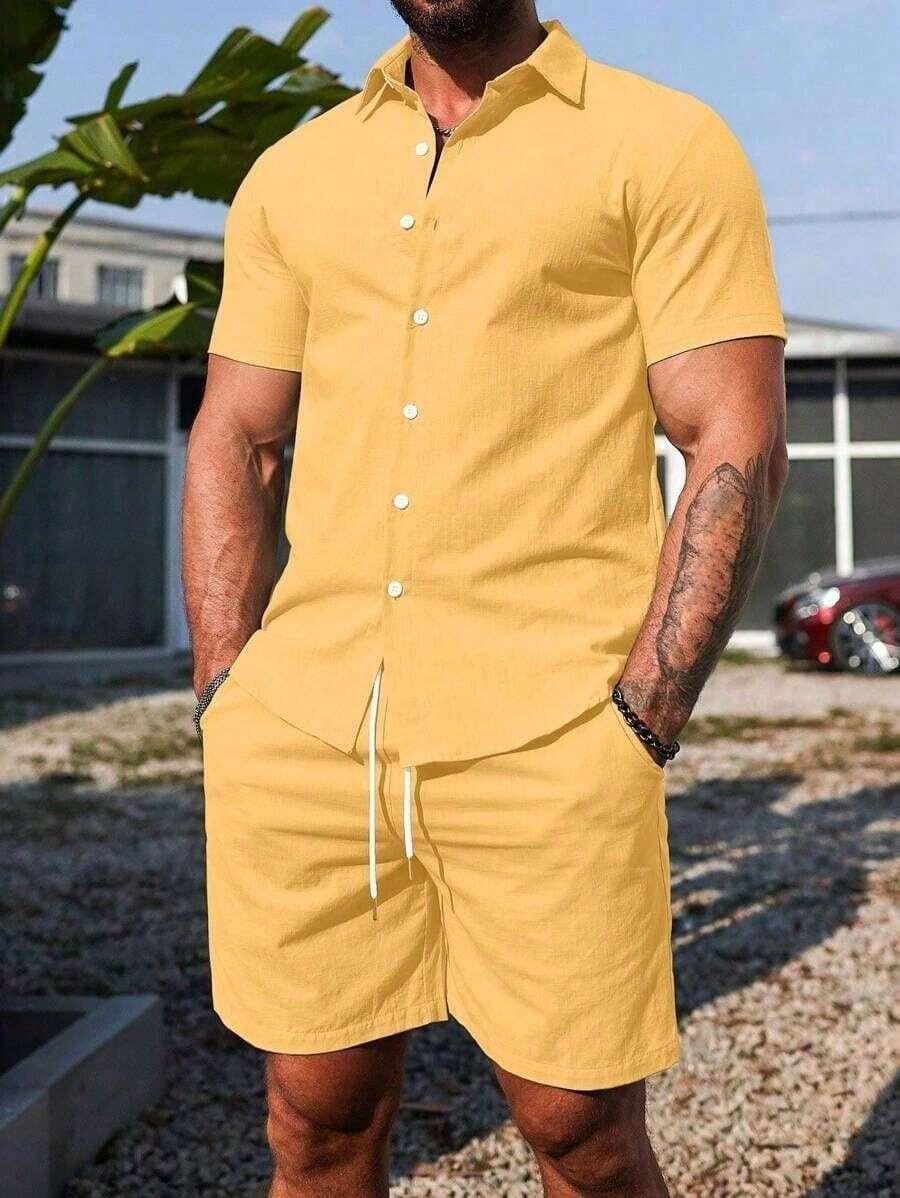 Conjunto Masculino Camisa de Manga Curta e Shorts em Linho New York
