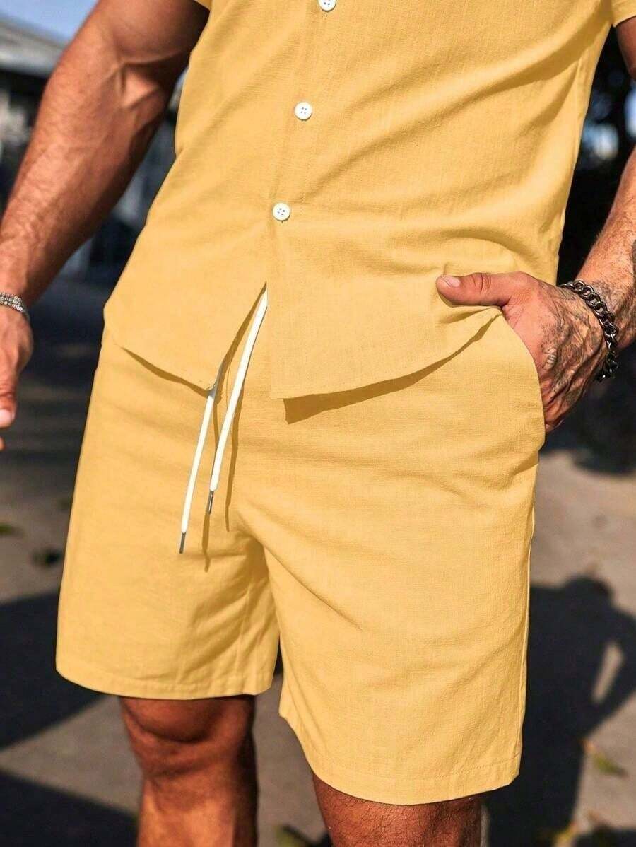 Conjunto Masculino Camisa de Manga Curta e Shorts em Linho New York