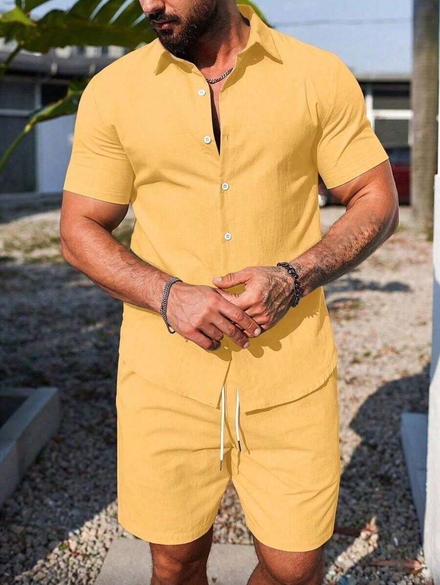 Conjunto Masculino Camisa de Manga Curta e Shorts em Linho New York