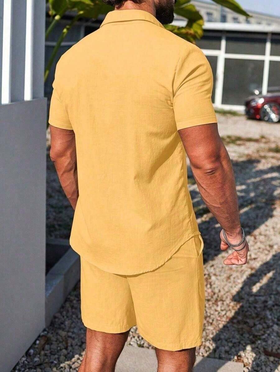 Conjunto Masculino Camisa de Manga Curta e Shorts em Linho New York