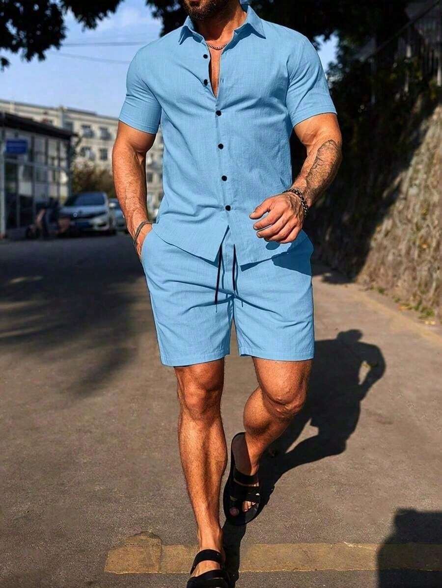 Conjunto Masculino Camisa de Manga Curta e Shorts em Linho New York