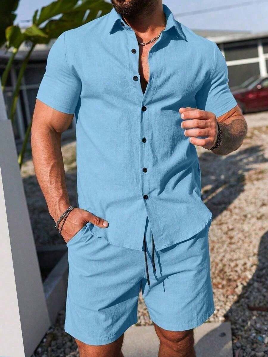 Conjunto Masculino Camisa de Manga Curta e Shorts em Linho New York