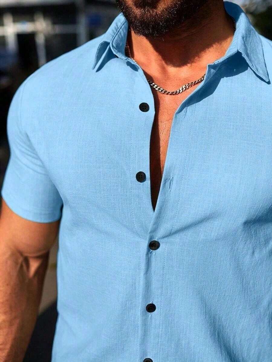 Conjunto Masculino Camisa de Manga Curta e Shorts em Linho New York