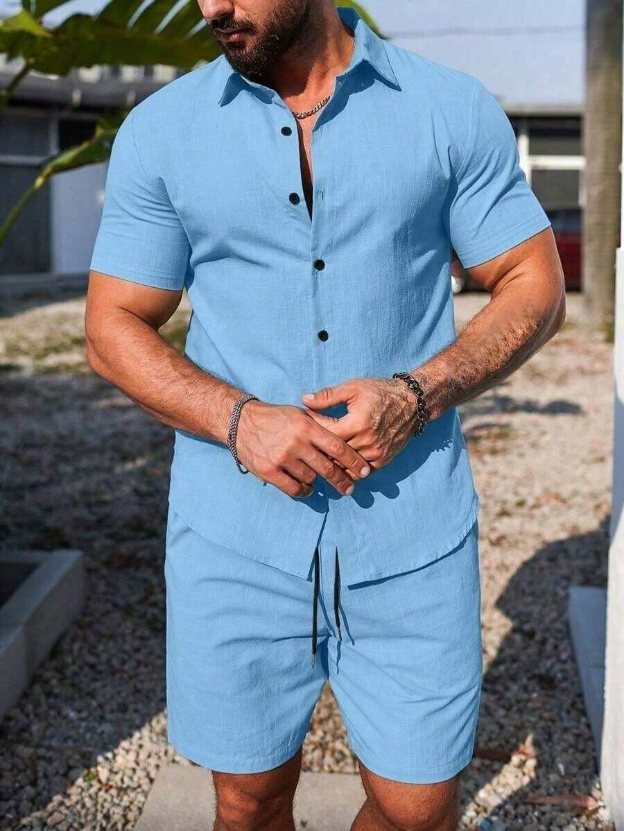 Conjunto Masculino Camisa de Manga Curta e Shorts em Linho New York