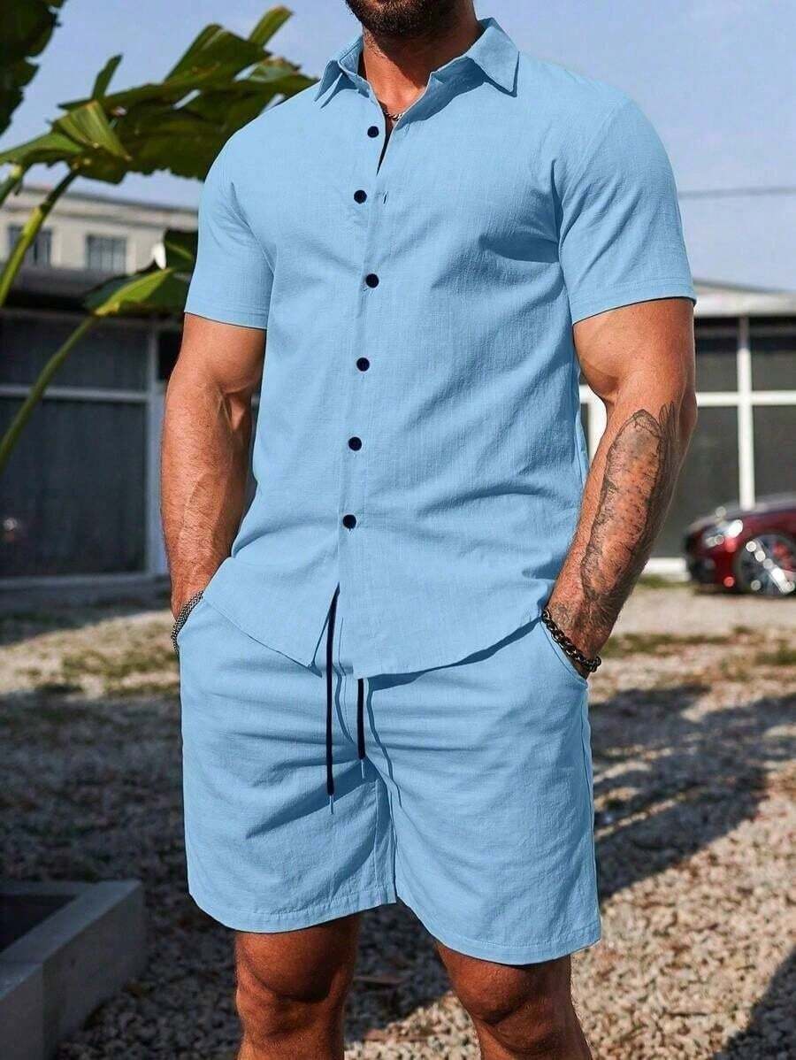 Conjunto Masculino Camisa de Manga Curta e Shorts em Linho New York