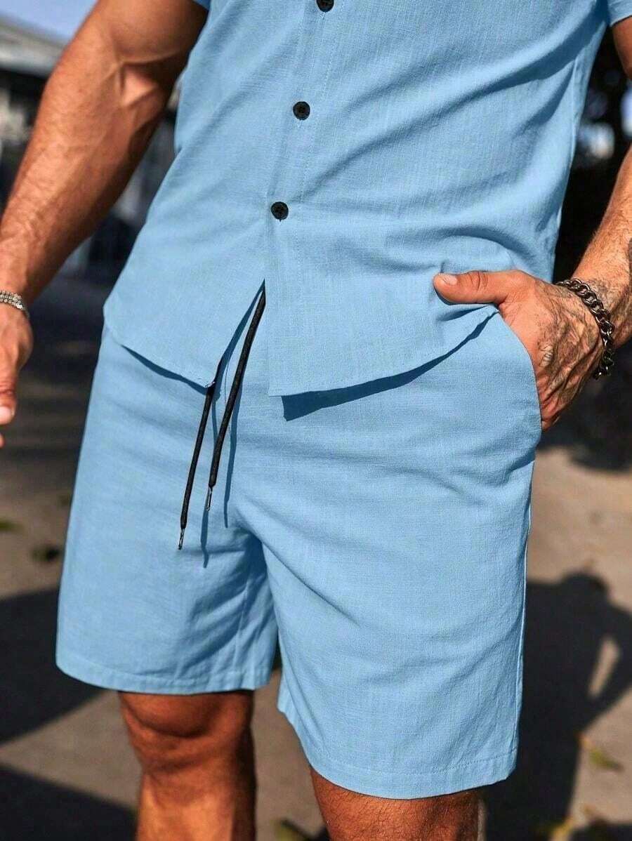 Conjunto Masculino Camisa de Manga Curta e Shorts em Linho New York