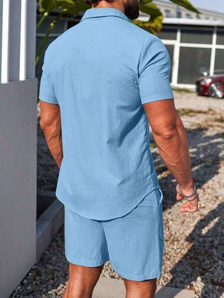 Conjunto Masculino Camisa de Manga Curta e Shorts em Linho New York