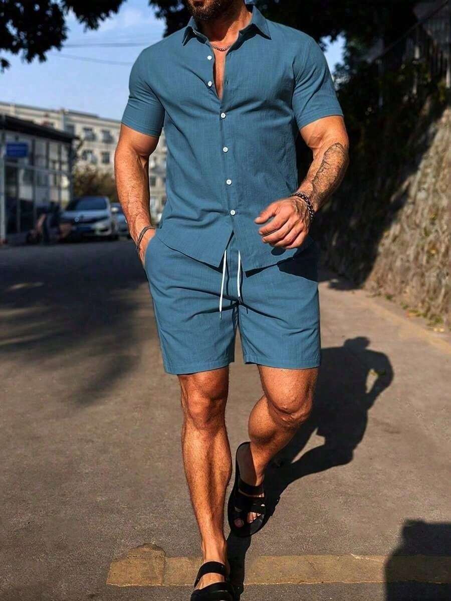 Conjunto Masculino Camisa de Manga Curta e Shorts em Linho New York