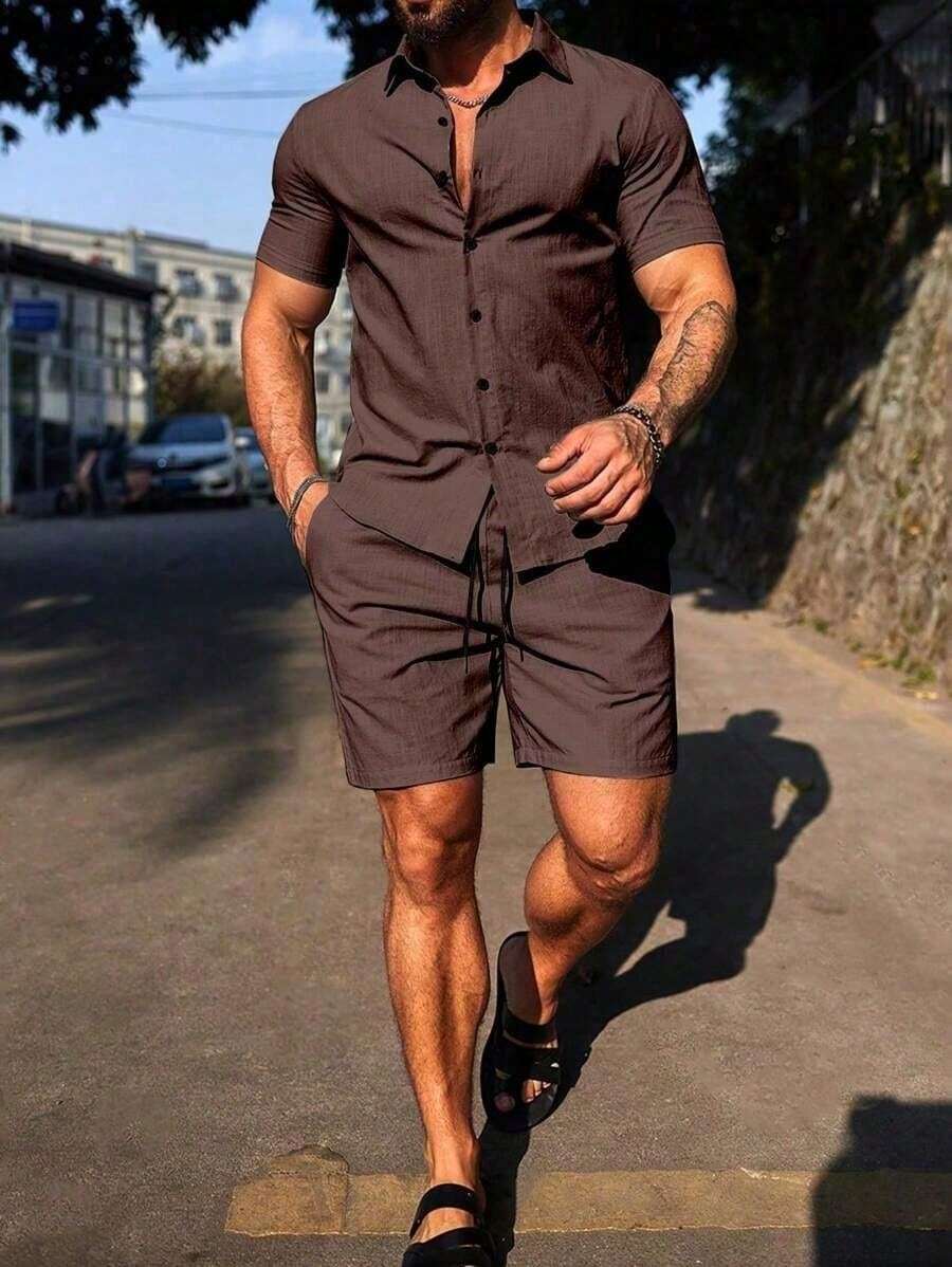 Conjunto Masculino Camisa de Manga Curta e Shorts em Linho New York