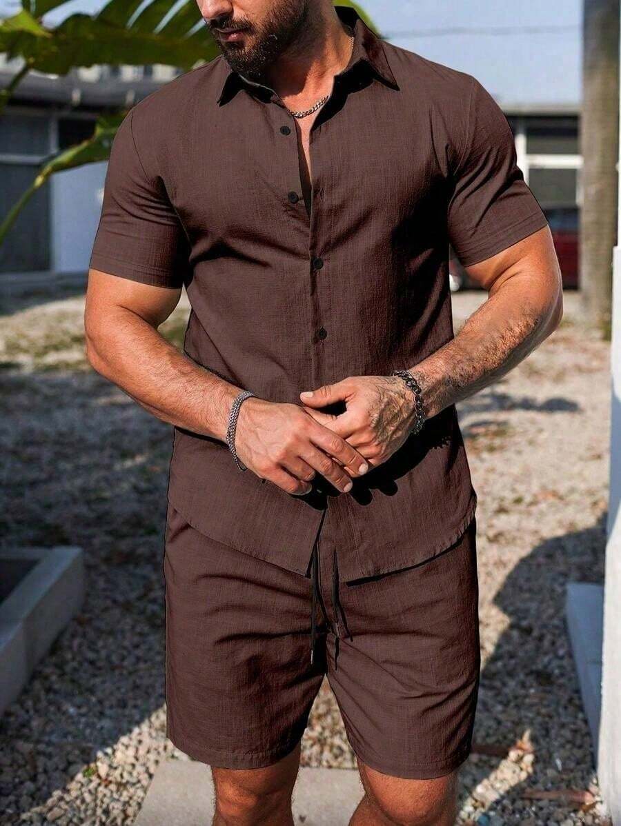 Conjunto Masculino Camisa de Manga Curta e Shorts em Linho New York