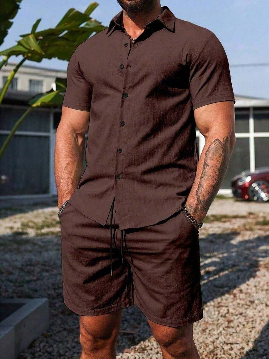 Conjunto Masculino Camisa de Manga Curta e Shorts em Linho New York