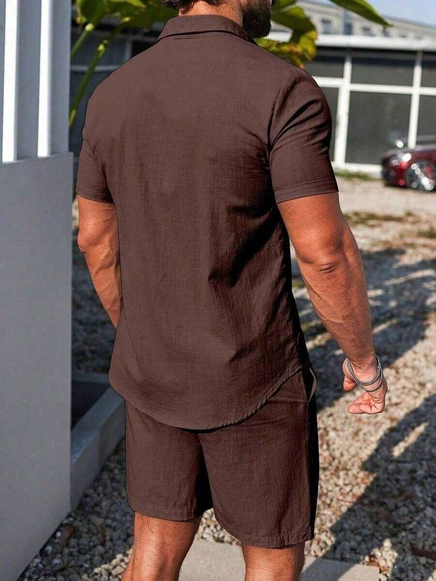 Conjunto Masculino Camisa de Manga Curta e Shorts em Linho New York