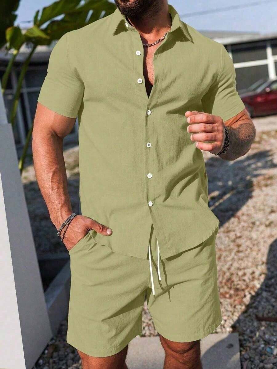 Conjunto Masculino Camisa de Manga Curta e Shorts em Linho New York