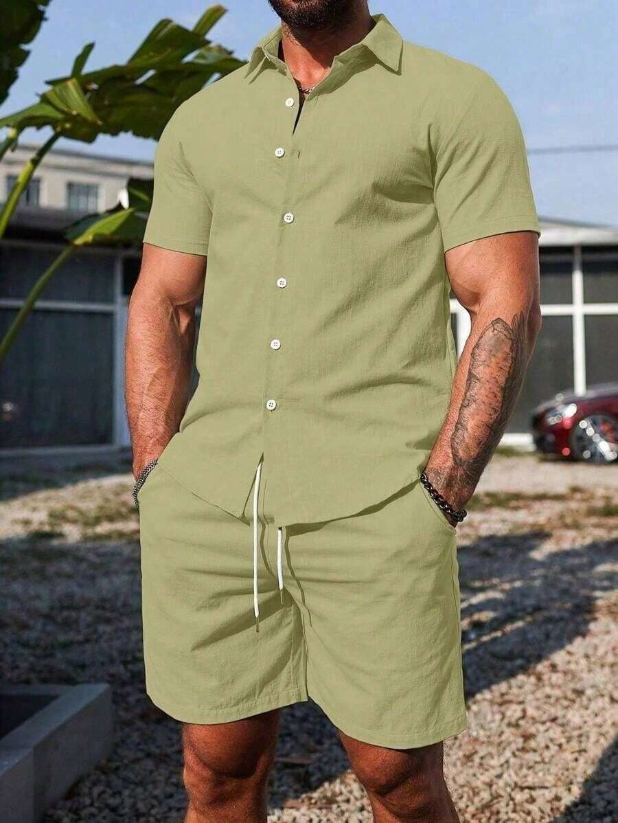 Conjunto Masculino Camisa de Manga Curta e Shorts em Linho New York