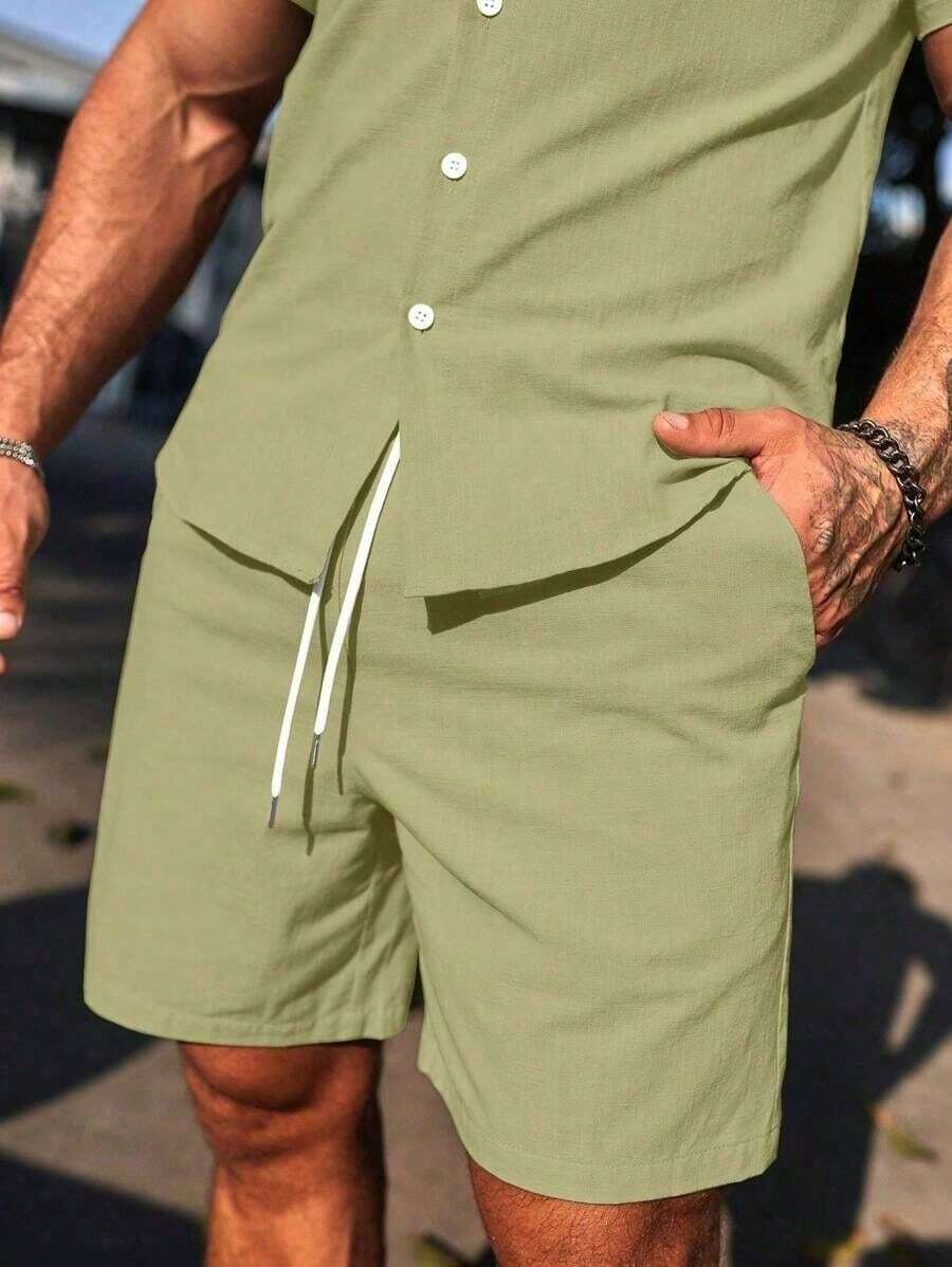 Conjunto Masculino Camisa de Manga Curta e Shorts em Linho New York