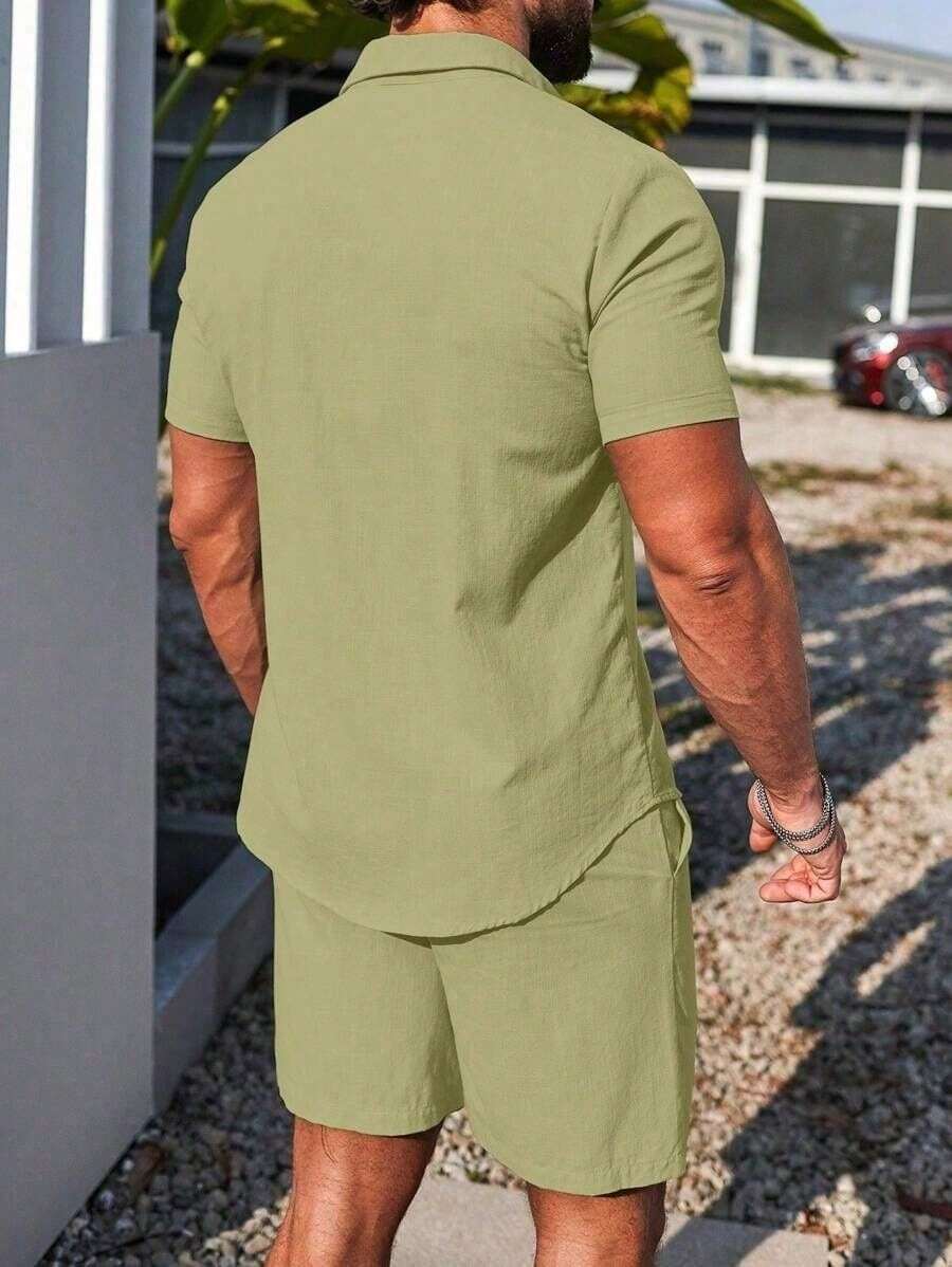 Conjunto Masculino Camisa de Manga Curta e Shorts em Linho New York