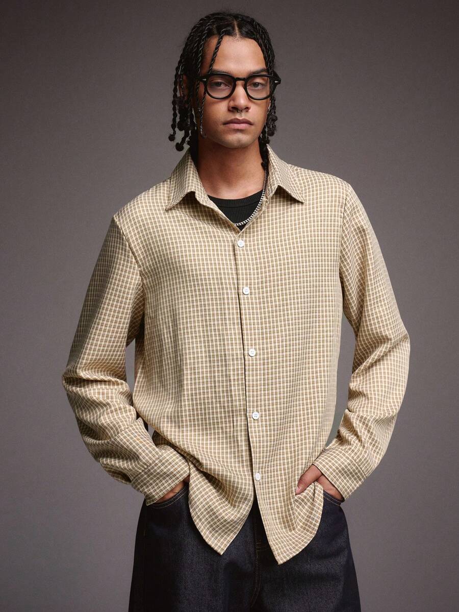 Camisa Masculina Manga Longa Confortável Ícone Pequeno Xadrez