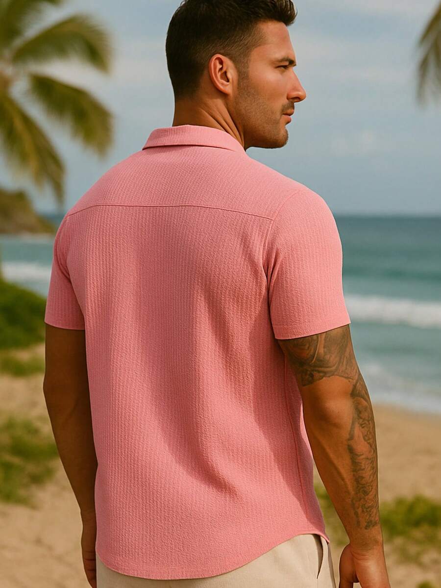 Camisa Masculina Tricot Crochet Casual Texturizada