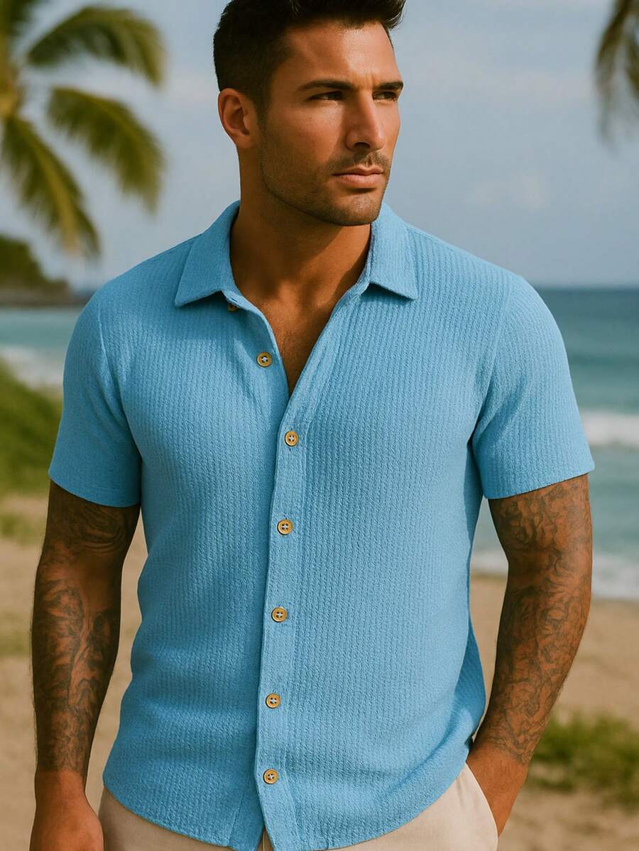 Camisa Masculina Tricot Crochet Casual Texturizada
