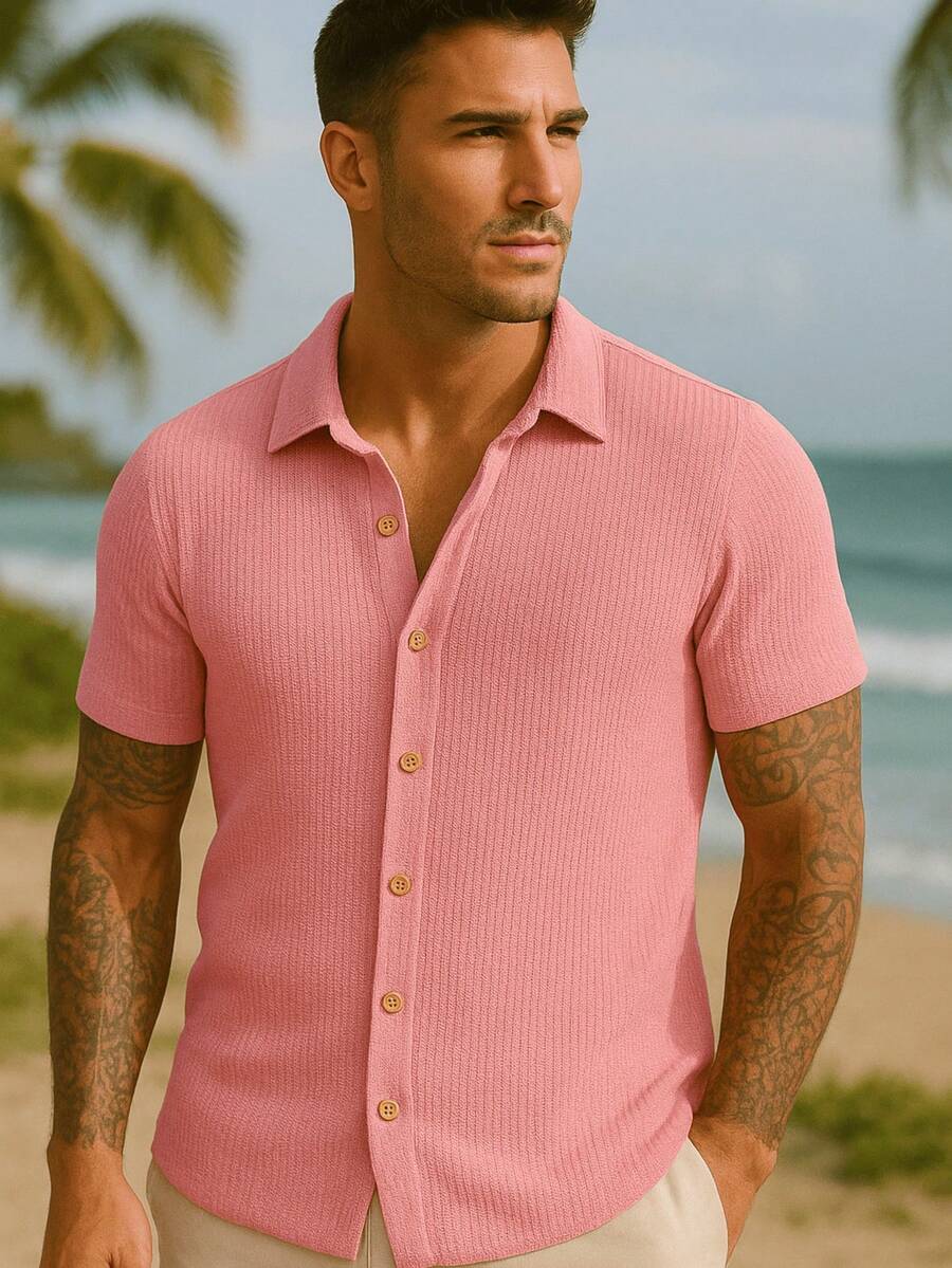 Camisa Masculina Tricot Crochet Casual Texturizada