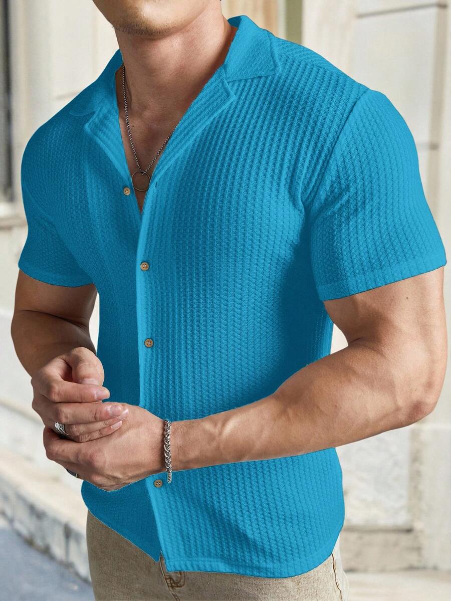 Camisa Masculina Sólido Canelado Botão Frontal