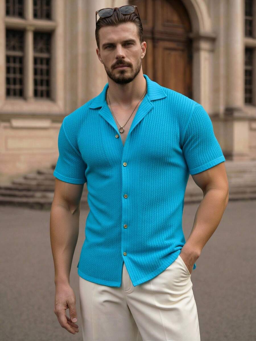 Camisa Masculina Sólido Canelado Botão Frontal